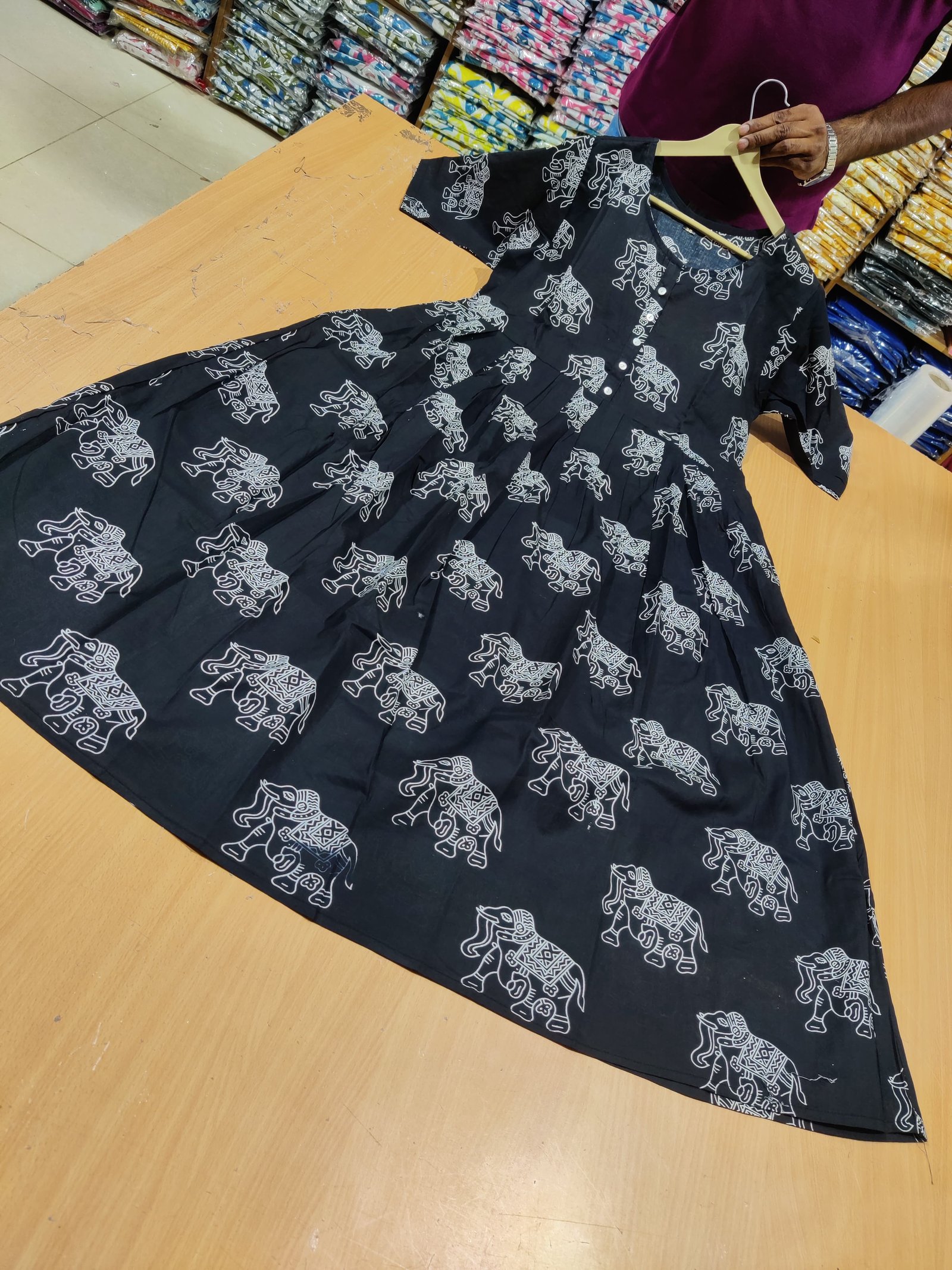 Black Printed Cotton Midi Gown Dress